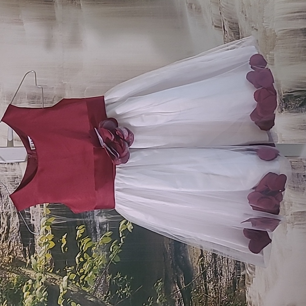 iefiel Girls 5 burgundy white wedding formal flower girl dress floating petals